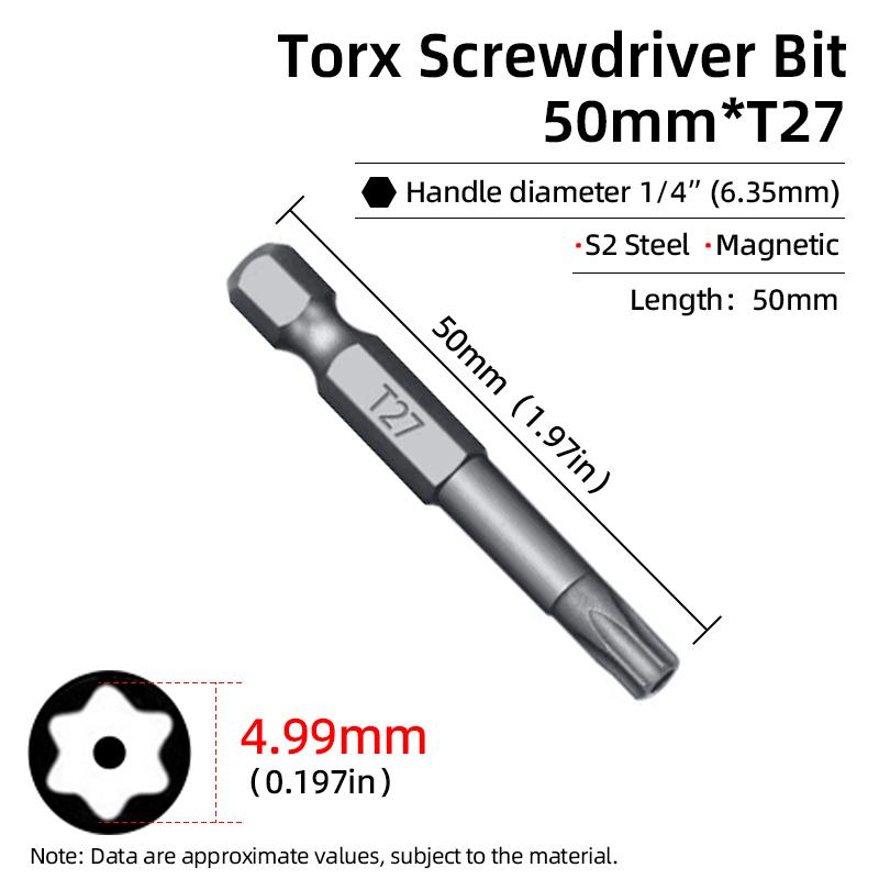 Torx Screwdriver Bit 50mm Magnetic S2 Steel 1/4'' Hex Shank Hollow Hole Security Bits T5-T40 Electric Drill Driver Hand Tools