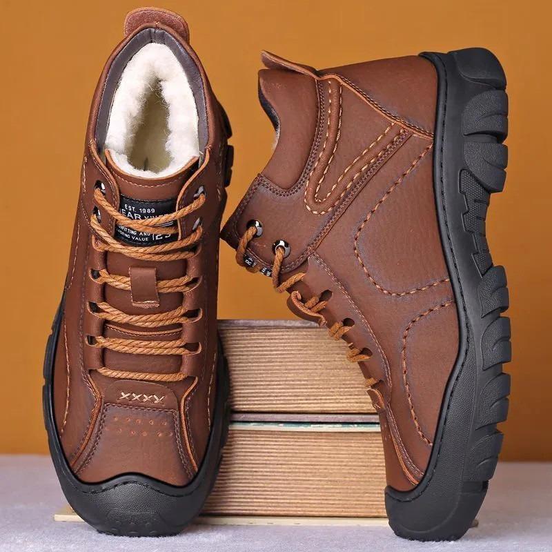 Winter Men's Shoes Fleece Thickened Casual Trend Leather Shoes High Top Leather Surface Outdoor Sports Snow Boots