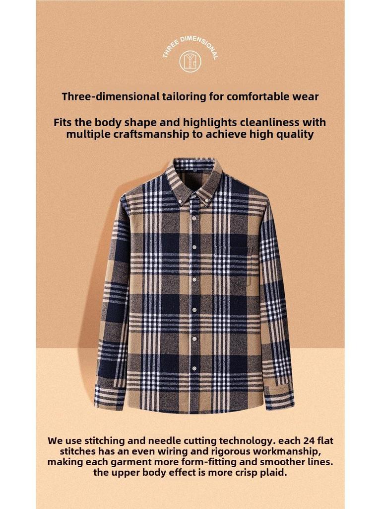 Men's Cotton Plaid Long-Sleeve Shirt - Fashionable, Casual, Versatile with Pockets