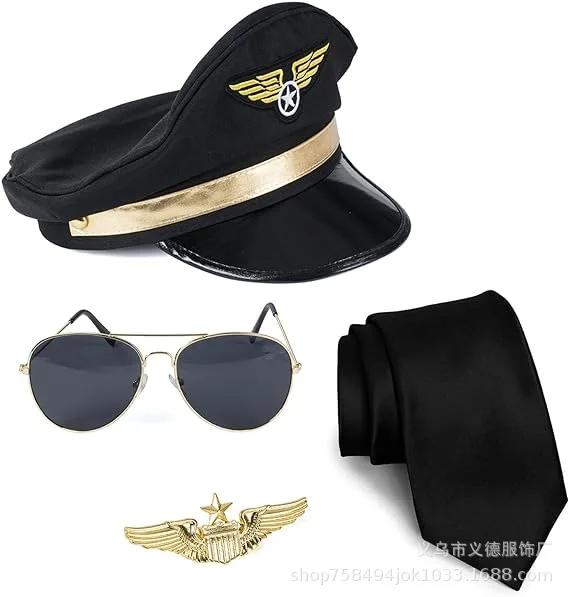 Dames stewardess Cosplay Kostuum Set Vliegtuig stewardess Hoed Met Sjaal Handschoenen Bril Accessoires Voor Feestartikelen One Size&Other black