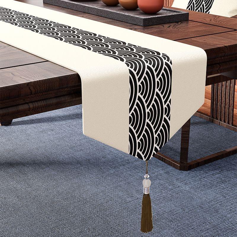 Waterproof Tables Flag Jacquard Landscape Flower Table Runner Black White Ink Painting Decor  Tea Dining Tablecloth Cotton Linen Tassels Mat