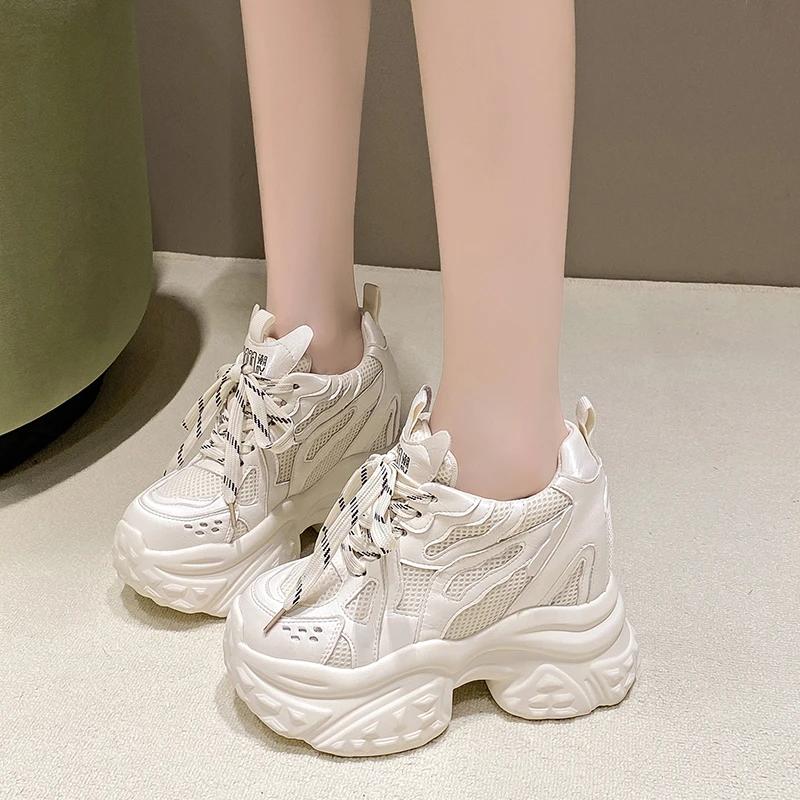 Fashion 12CM New 2025 Autumn Breathable Women Chunky Sneakers Lace-up Wedges Mesh Shoes Thick Soles Trainers High Platform Casual Shoes