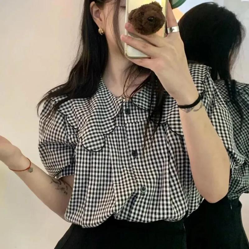 Temperament Doll Collar Plaid Shirt Design Top New Spring and Autumn Long-sleeved Korean Style Versatile Shirt
