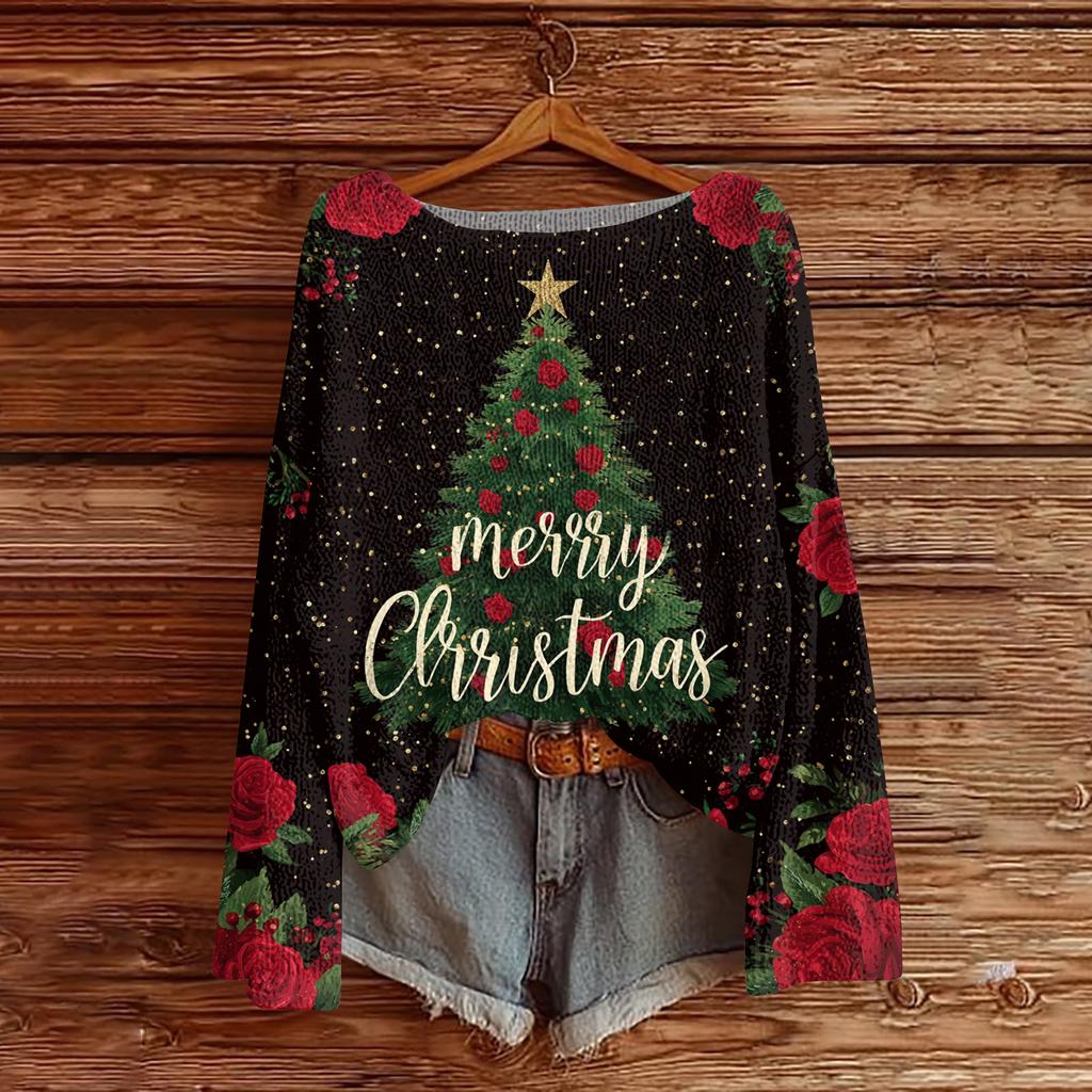Women's Round Neck Lightweight Sweater Casual Long Sleeve Christmas Print Knit Pullover