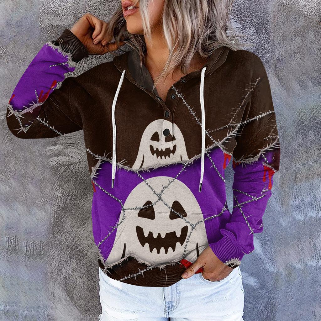 Women's Casual Round Neck Long Sleeved Top With Shattered Halloween Print Hooded Sweatshirt