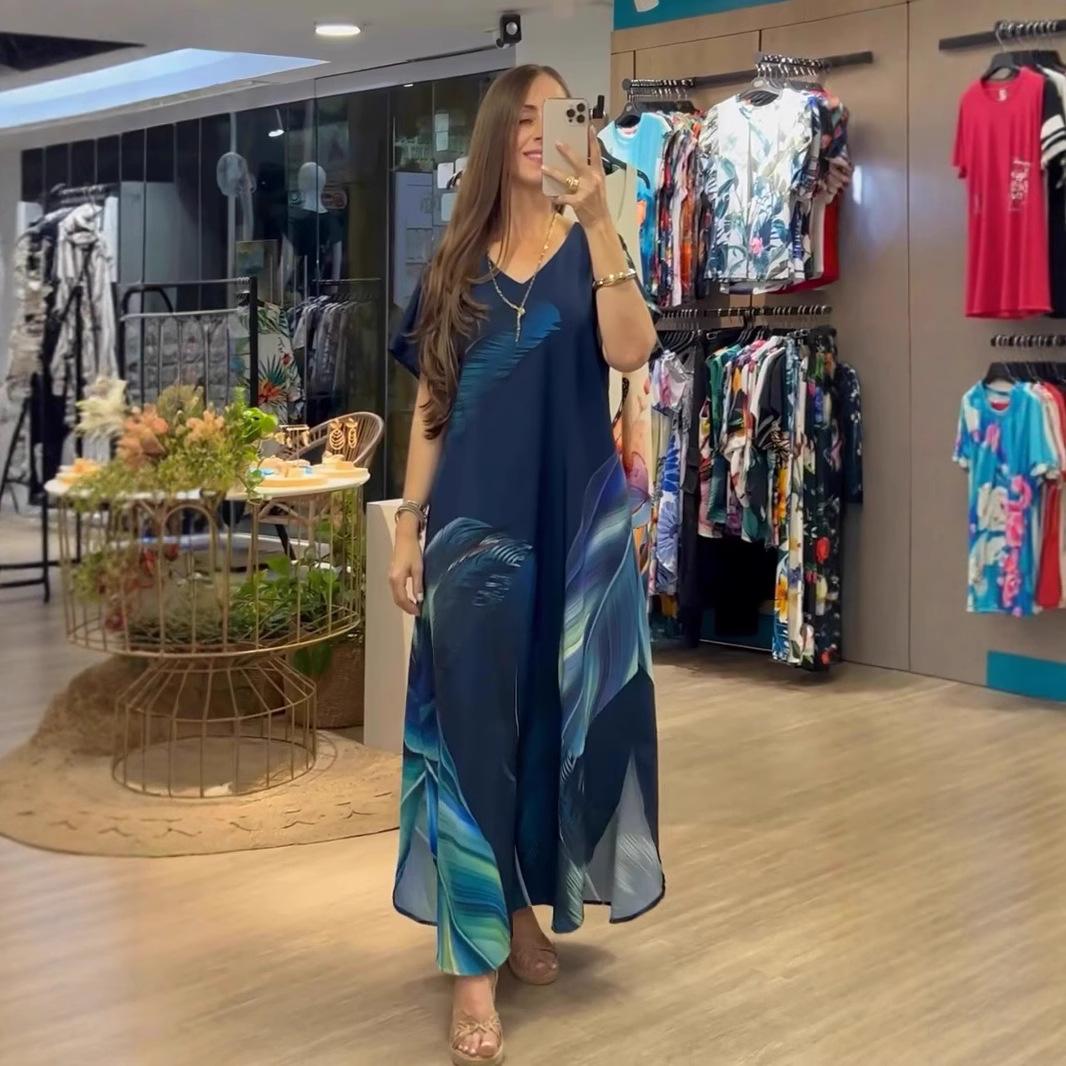 

Women s Deep Blue V-Neck Short Sleeve Maxi Dress with Leaf Print, Side Slit, Pockets S синій