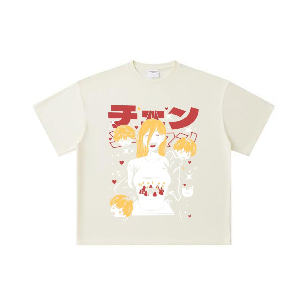 

260 GSM Double Yarn 32 Count 100% Cotton Chainsaw Man V48 Power Cake Print Unisex Heavy Cotton T Shirt S абрикосовый