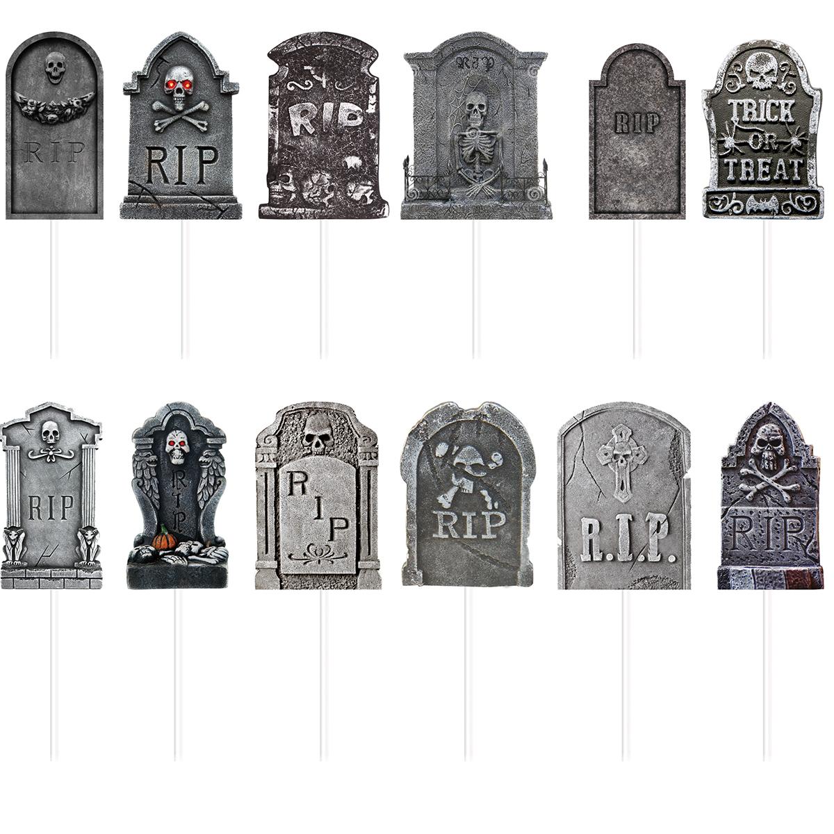 

12pcs Halloween Tombstones Cake Decorations Scary Graveyard Skeleton Designs paper Cake Toppers for Halloween Party Supplies