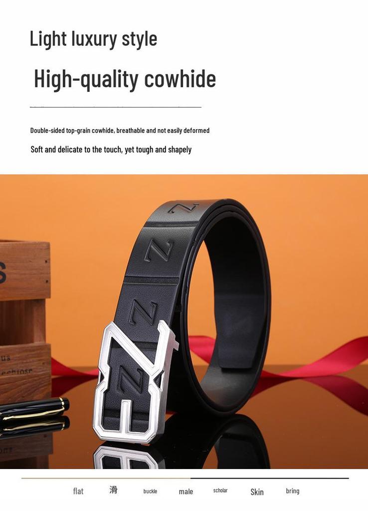 Men's Stainless Steel Z Letter Belt, Genuine Leather, Smooth Buckle, Top Layer Cowhide, Trouser Belt