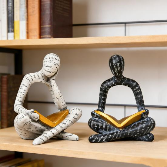 Abstracte Leesman Figuur met Gouden Boek Man Hars Beeld Sculptuur Huis Kantoor Bureau Decoratie Ornament Boekenliefhebbers Cadeau
