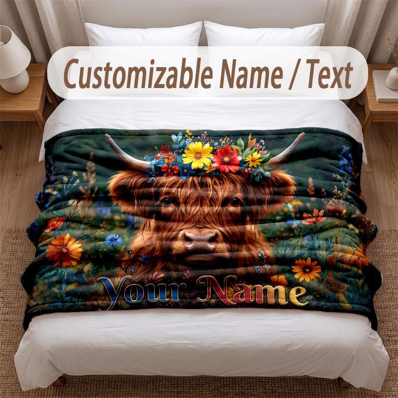 Highland Cow Theme Soft Blanket Personalized Custom Name Text Print Warm Blanket Home Sofa Bedroom Decor