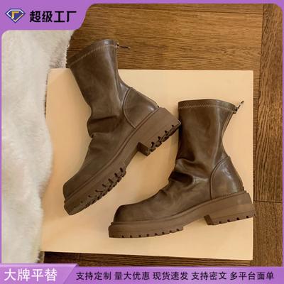 Grape Mother Winter New Pleated Stacking Boots Casual Style Korean Version Knight Boots Comfortable Soft Leather Retro Short Boots