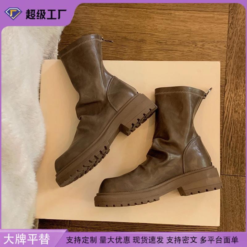 Grape Mother Winter New Pleated Stacking Boots Casual Style Korean Version Knight Boots Comfortable Soft Leather Retro Short Boots