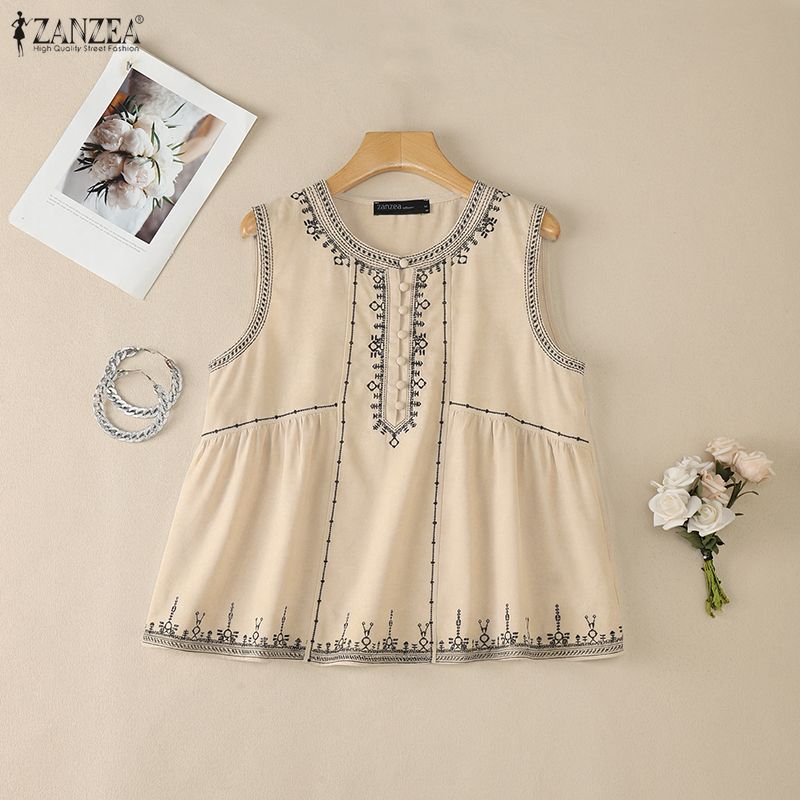 ZANZEA Women Casual Round Neck Loose Sleeveless Print Tank Tops