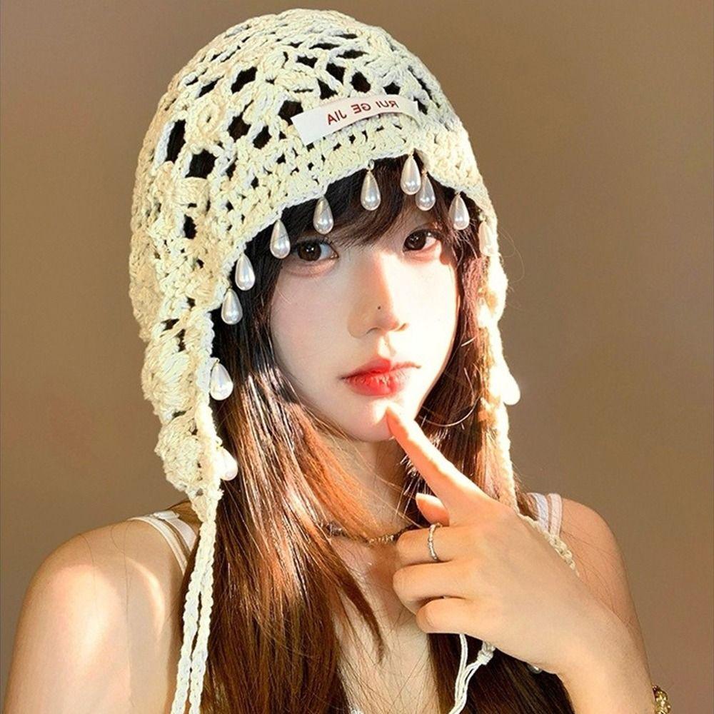 Pearls Crochet Tassels Cap Handmade Weave Basin Hats Cute Knitted Beanies Caps Outdoor