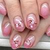 24 Pcs Short Round Press On Nail Simple Acrylic False Nail Glittering Artificial Nail Peach Blossoms Stick On Nail