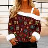 Women's Casual Fashion Sexy Off-Shoulder Collar Christmas Pattern Long Sleeve Crewneck T-Shirt Top