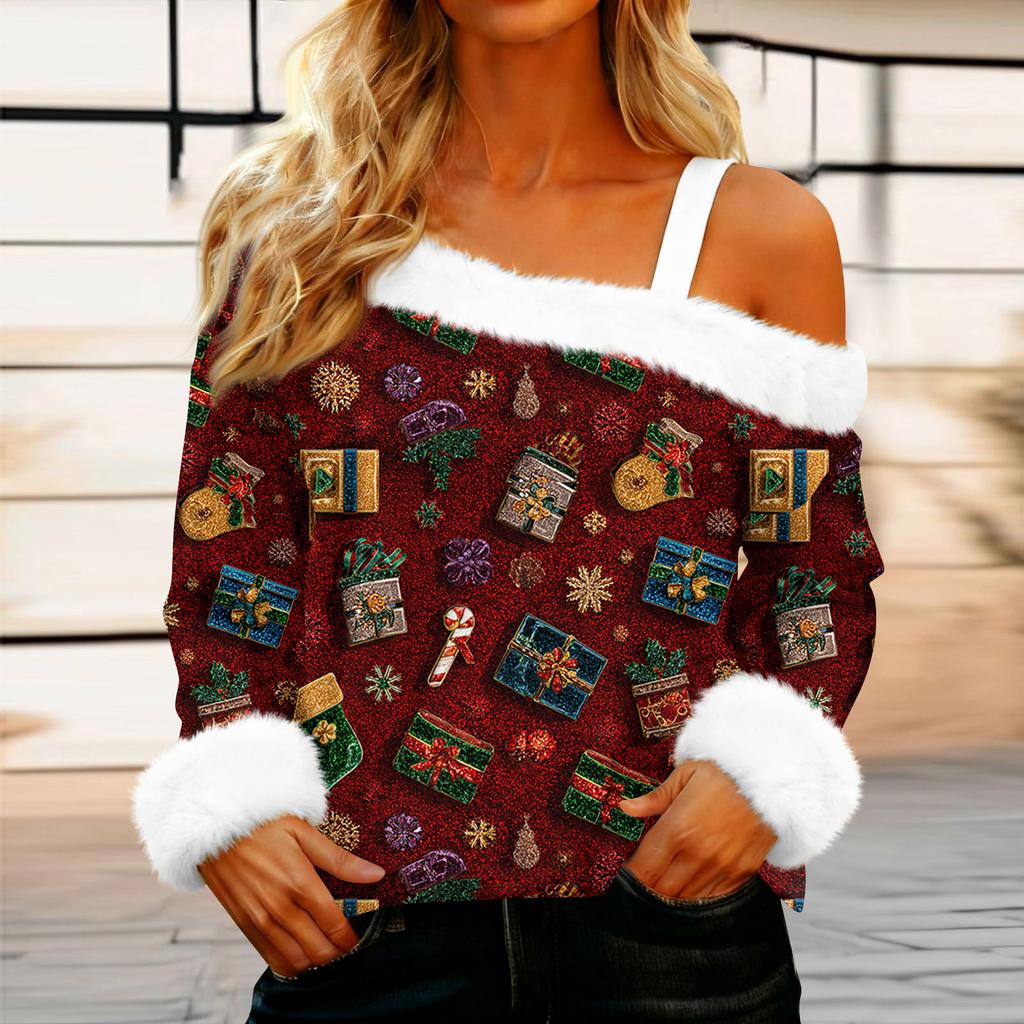 Women's Casual Fashion Sexy Off-Shoulder Collar Christmas Pattern Long Sleeve Crewneck T-Shirt Top