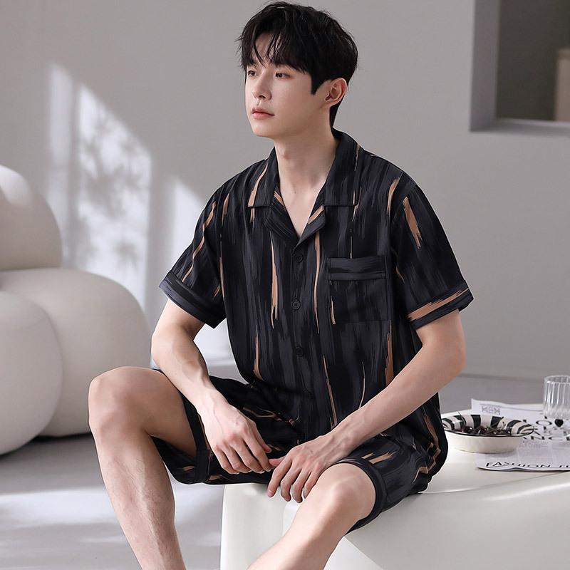 2026 Men's Ice Silk Summer Pajamas: Short Sleeve, Lightweight Homewear for Teen Boys