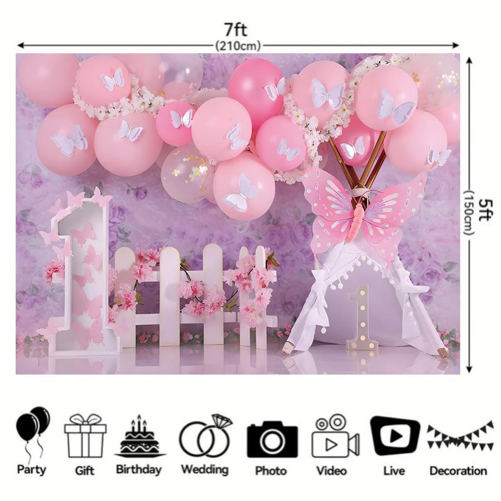 1 Piece, Pink Balloon and Butterfly Flower Themed One-year Birthday Party Background Cloth