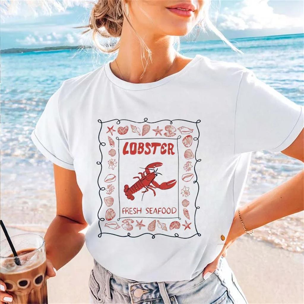 T-shirt da donna casual stampata a maniche corte con scollo rotondo, simpatico motivo di gamberi, top versatile per donna