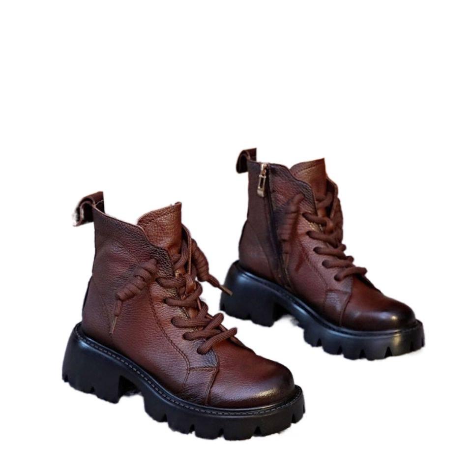 Dámské vintage kotníkové boty z hovězí kůže s měkkou podrážkou a širokou špičkou, plus sametová bavlna na podzim.