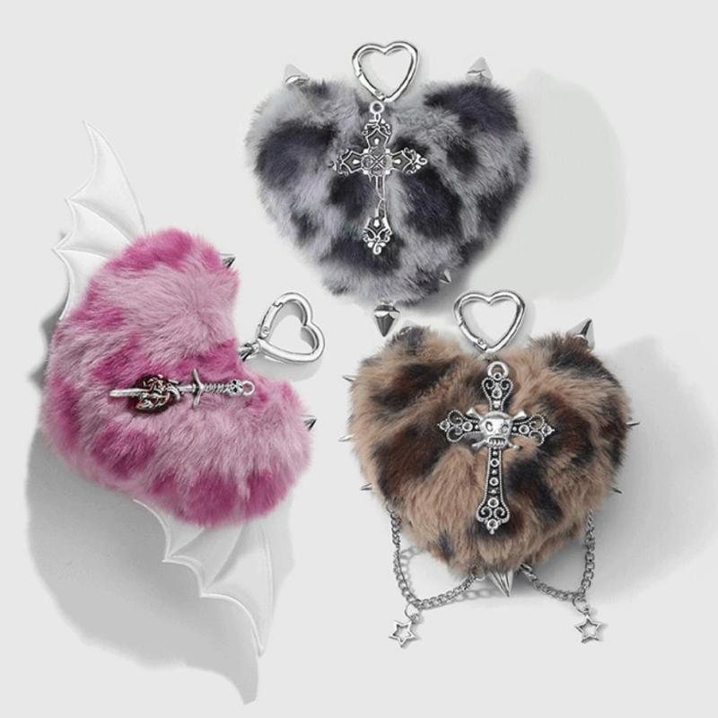 Punk Jewelry Leopard Print Rivet Cross Keychain Goth Cool Grunge Rock Plush Heart Bag Pendant Decoration Accessories Gift