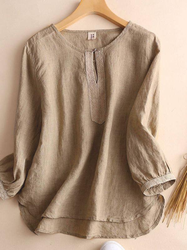 Women's Plus Size Retro Cotton Linen Round Neck Mid-Sleeve Top for Spring/Summer