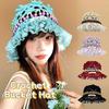 Handmade Crochet Bucket Hat Summer Weave Basin Caps Sweet Beads Knitted Hat  Girls