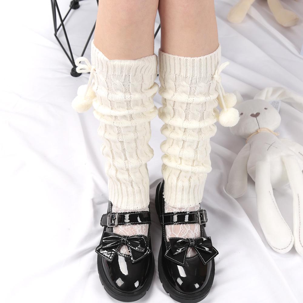 Socken im japanischen Stil, Winterwarm, Lolita, warme Beinstulpen, gestrickte Socken, gestrickte Fußwärmer mit Wollkugeln für Damen