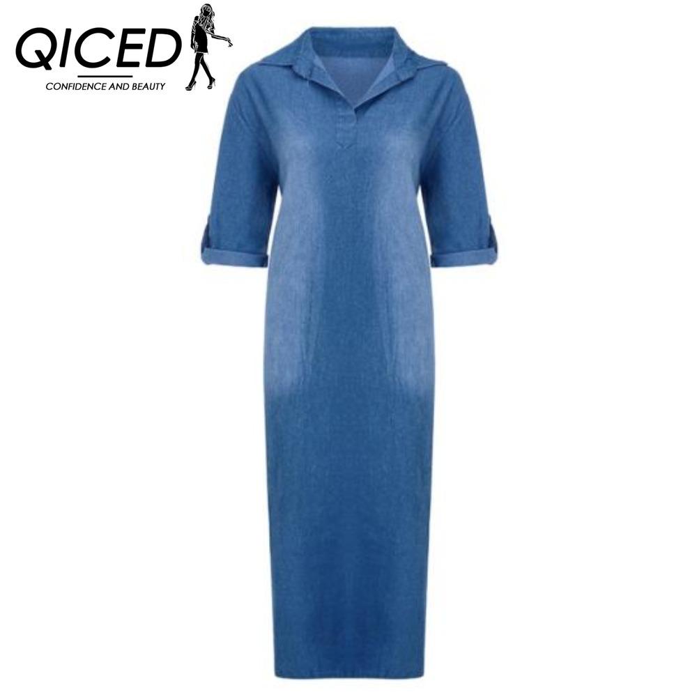 QICED Summer Denim Dress for Women Casual Spring Blue Maxi Dresses V Neck Half Sleeve Plus Size Long Dresses with Slit