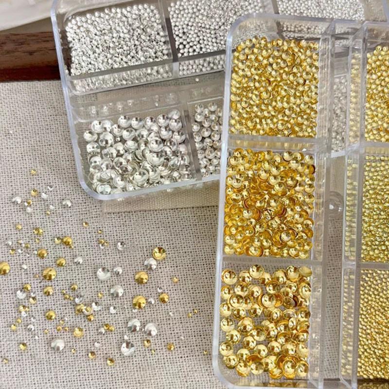 6 Grid/box Gold Silver Half Round Rivets Nail Charms 0.8-3mm Flat Back Round Metal Nail Bead Micro Ball Manicure Bead