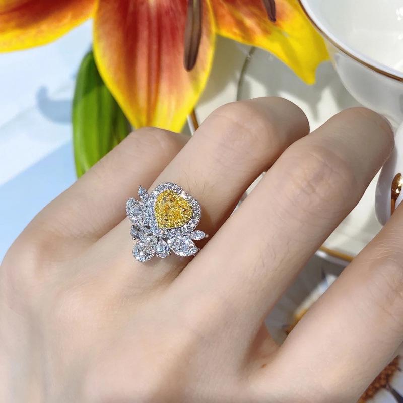 Peach Heart Gem & Yellow Diamond Adjustable Open Ring - Women s Simple High-End Design Adjustable Open Size