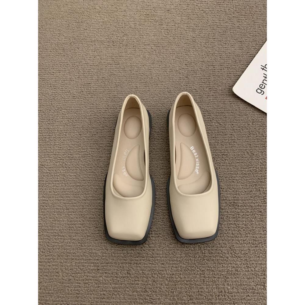 Flat-bottomed French Shallow Mouth Square Head Small Leather Shoes Women's Shoes 2025 New Spring and Autumn Black Versatile Commuter Shoes