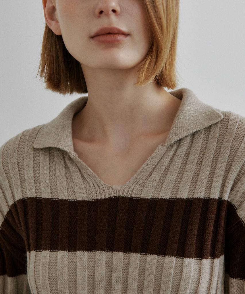 WIOE Basic Collar Stripe Knit_Brown
