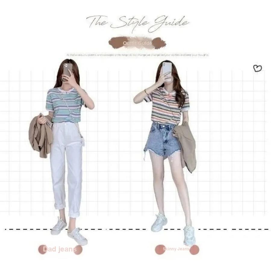 Style Vintage Feeling! Rainbow Color Block Striped T-Shirt Loose Short Sleeve Top for Women Trendy