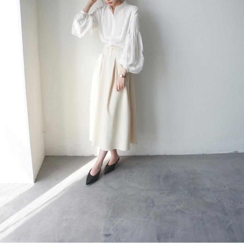 French retro dark vertical stripe pit pleated small stand-up collar loose fashionable literary lantern sleeve cotton shirt