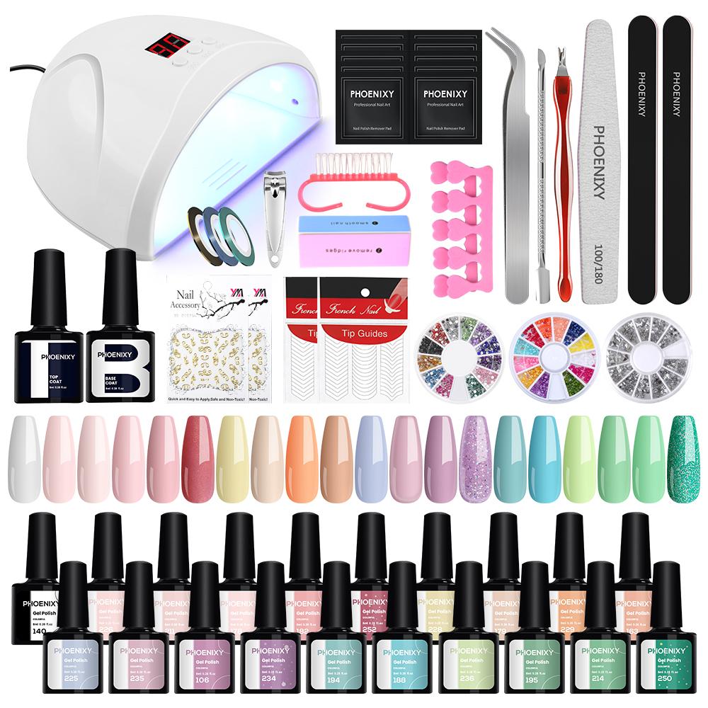 PHOENIXY Gel Nail Kit Gel Varnish with 36W Nail Lamp 20Colors White Black Gel Nail Polish Kit Glossy & Matte Gel Top Base Coat Manicure Tools Nail Art