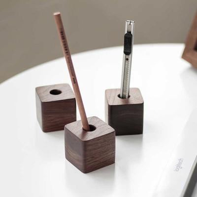 1pc Walnut Wood Beech Pen Holder Pen Container For Desk Stationery Storage Creative Square Shape Pen Hole Pencil Slot Pencil Stand