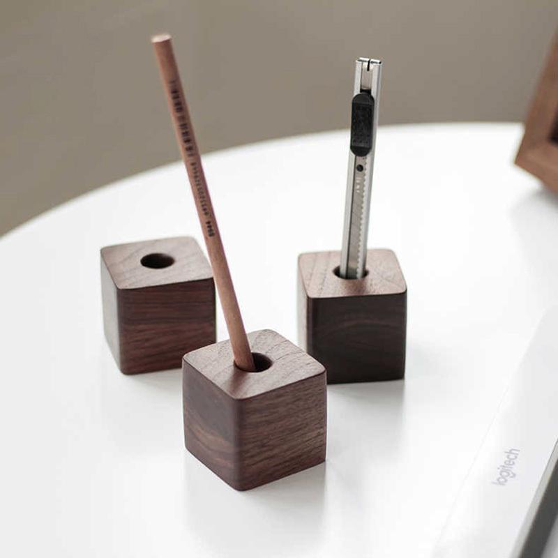 1pc Walnut Wood Beech Pen Holder Pen Container For Desk Stationery Storage Creative Square Shape Pen Hole Pencil Slot Pencil Stand