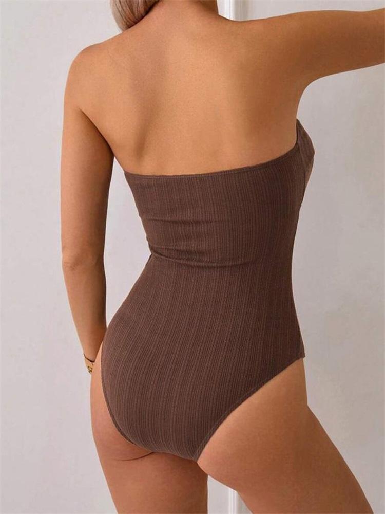 Ribbad Baddräkt i Ett Stycke 2025 Bandeau Baddräkt Bandage Badkläder För Kvinnor Plisserad Baddräkt Hög Midja Strandkläder Sommar Monokini