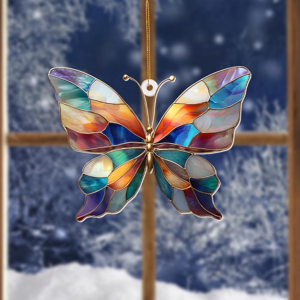 Stained Glass Butterfly Ornament Acrylic – Colorful Suncatcher Window Hanging Glass Butterfly Decoration for Christmas Tree
