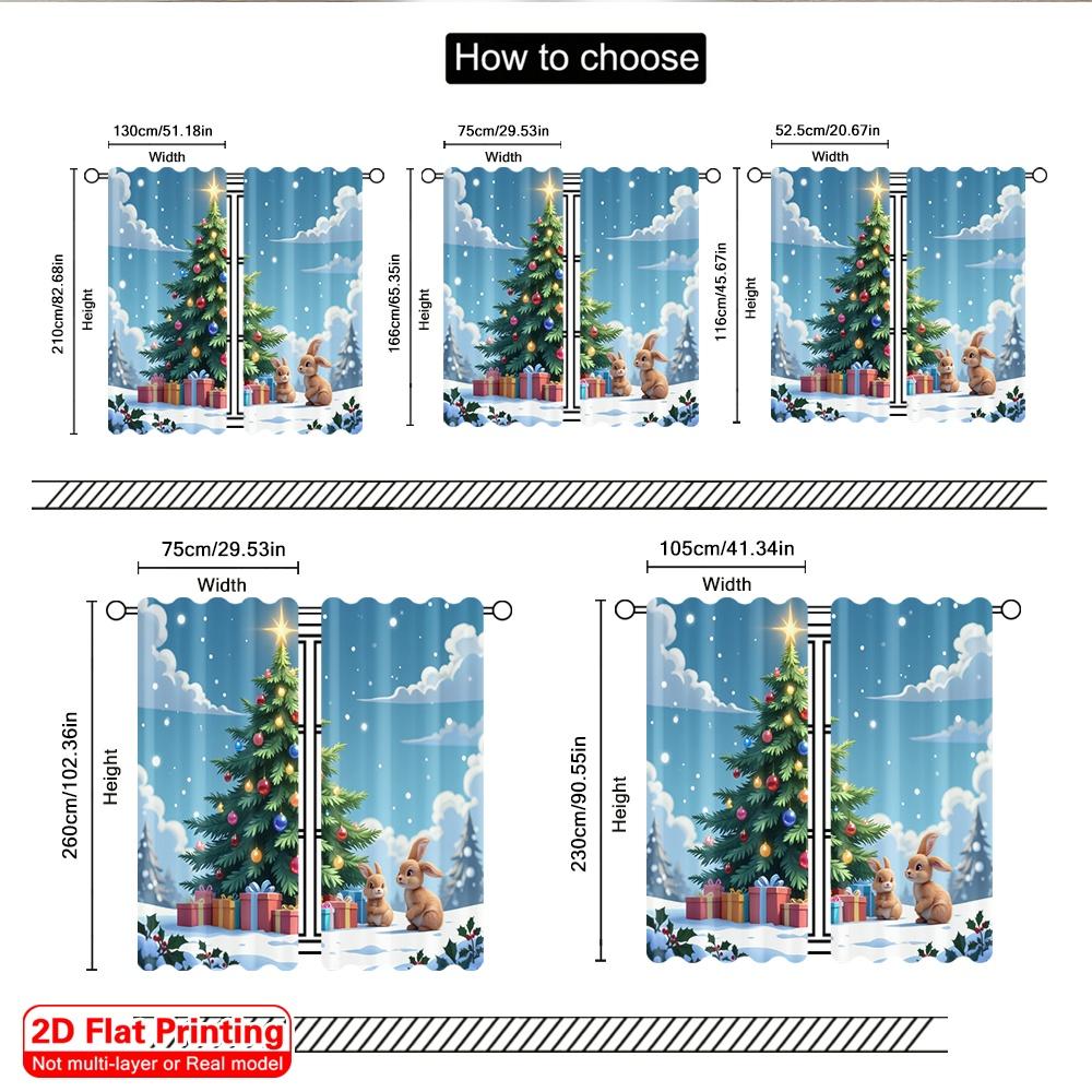 2pcs 2D flat printing Merry Christmas Window Drapes Cute Bunny Christmas Tree Gifts Fabric Without Electricity Festive Curtains