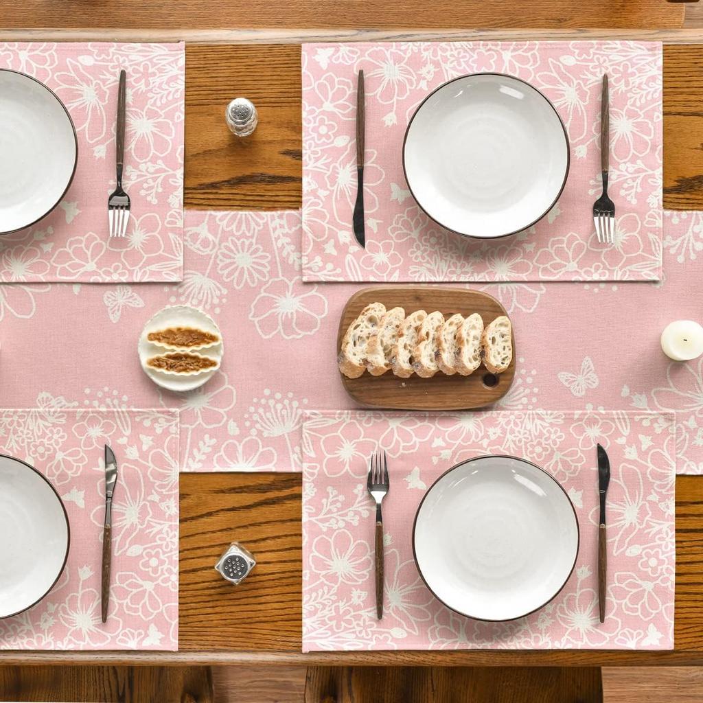 Pink Bloom Flowers Summer Placemats Set of 4, 12x18 Inch Seasonal Spring Table Mats for Party Kitchen Dining Pink Decoration