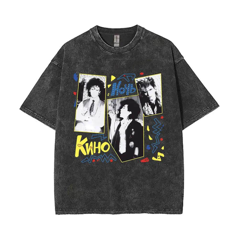 Viktor Tsoi Kino Nacht Vintage Gewaschene T-Shirts Klassische Russische Rock Gothic T-Shirts Herren Damen Lässig Polyester Übergroßes T-Shirt