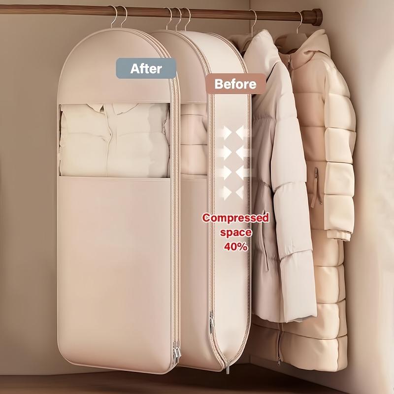 Space Saving Hanging Garment Bag with Self Compression Zipper Transparent Visible Dust Cover for Down Coat Closet Storage