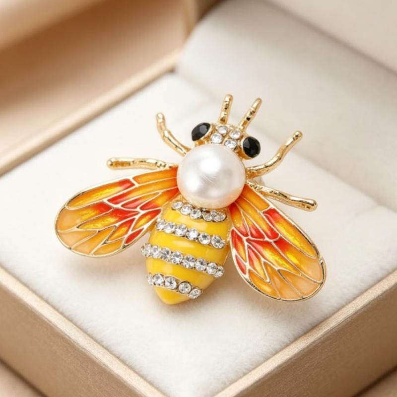 Fashion Enamel Honey Bee Brooch Shiny Rhinestone Faux Pearl Durable Alloy Pin for Coat Dress Scarf Gift for Girls