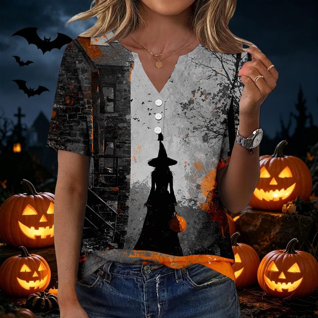Women Casual V Neck Short Sleeve Button T Shirt Halloween Print Top Lightweight Comfortable Fit
