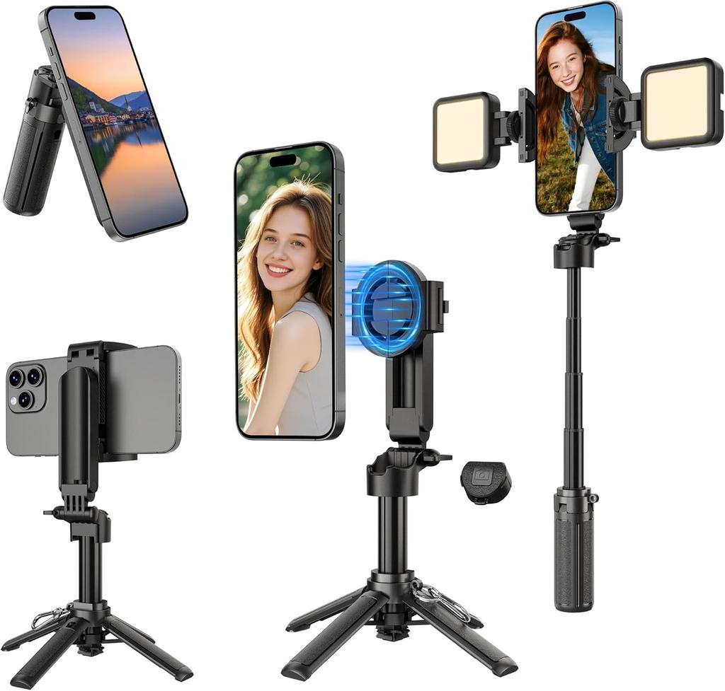 Magnetic Mini Selfie Stick for iPhone, 4 In 1 Portable Pocket Size Tripod for iPhone MagSafe/Android with Remote/Cold Shoe Mount