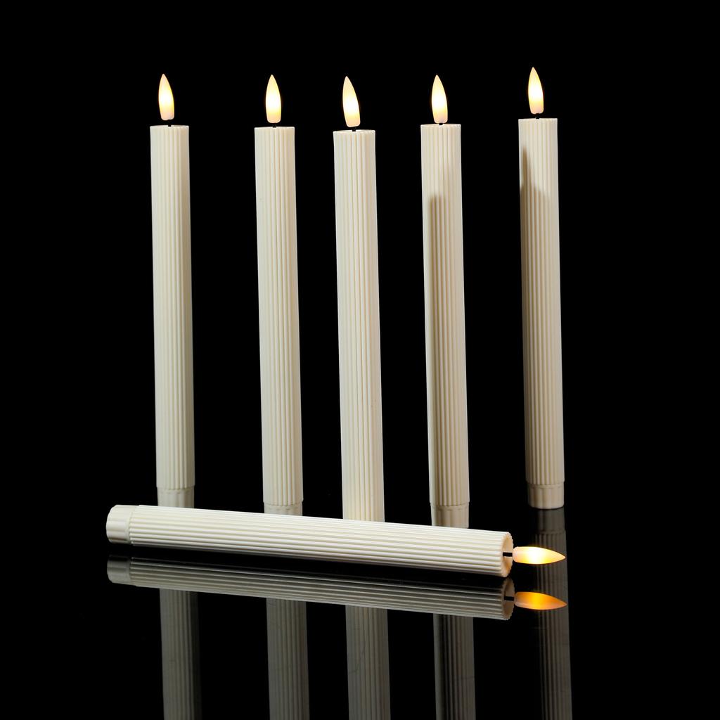 3/4/6 Pieces Beige Remote Control LED Taper Candles With Stripe,Battery Powered Wedding Decorative Thread LED Candle Light